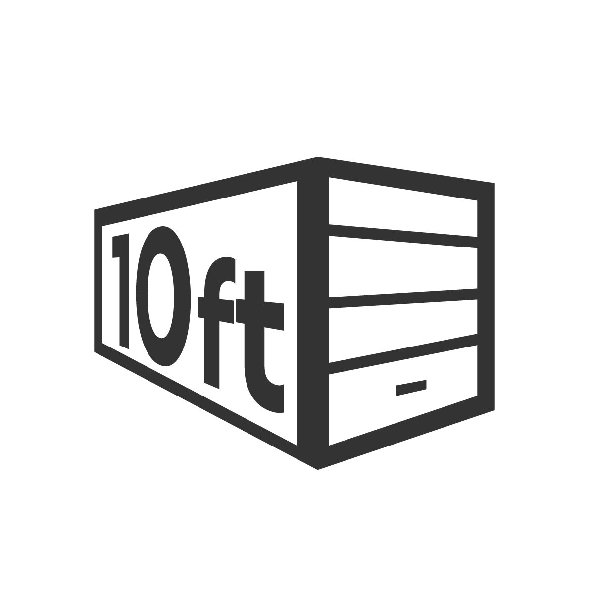 Black and white geometric design of a 20 ft shipping container inside a circle. The container is tilted to the left, showcasing diagonally arranged rectangular sections.