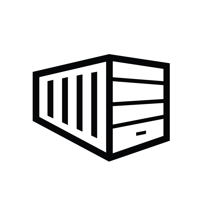 A simple black and white icon of a used shipping container inside a circular border. The container features horizontal stripes on its side, suggesting a three-dimensional view.