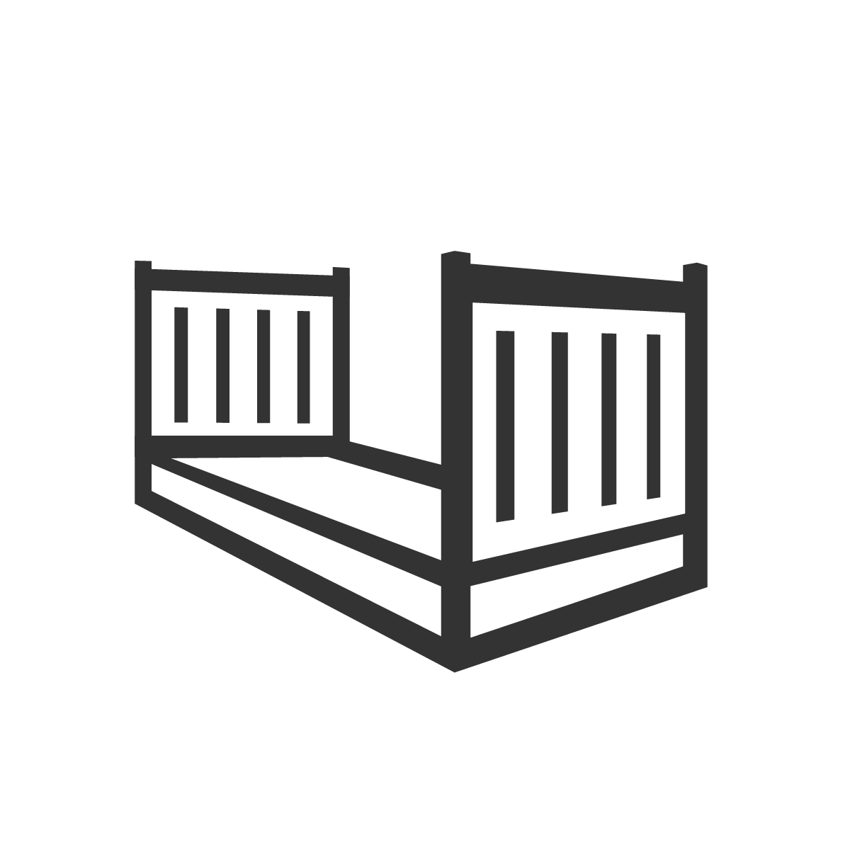 Black and white geometric design of a 20 ft shipping container inside a circle. The container is tilted to the left, showcasing diagonally arranged rectangular sections.