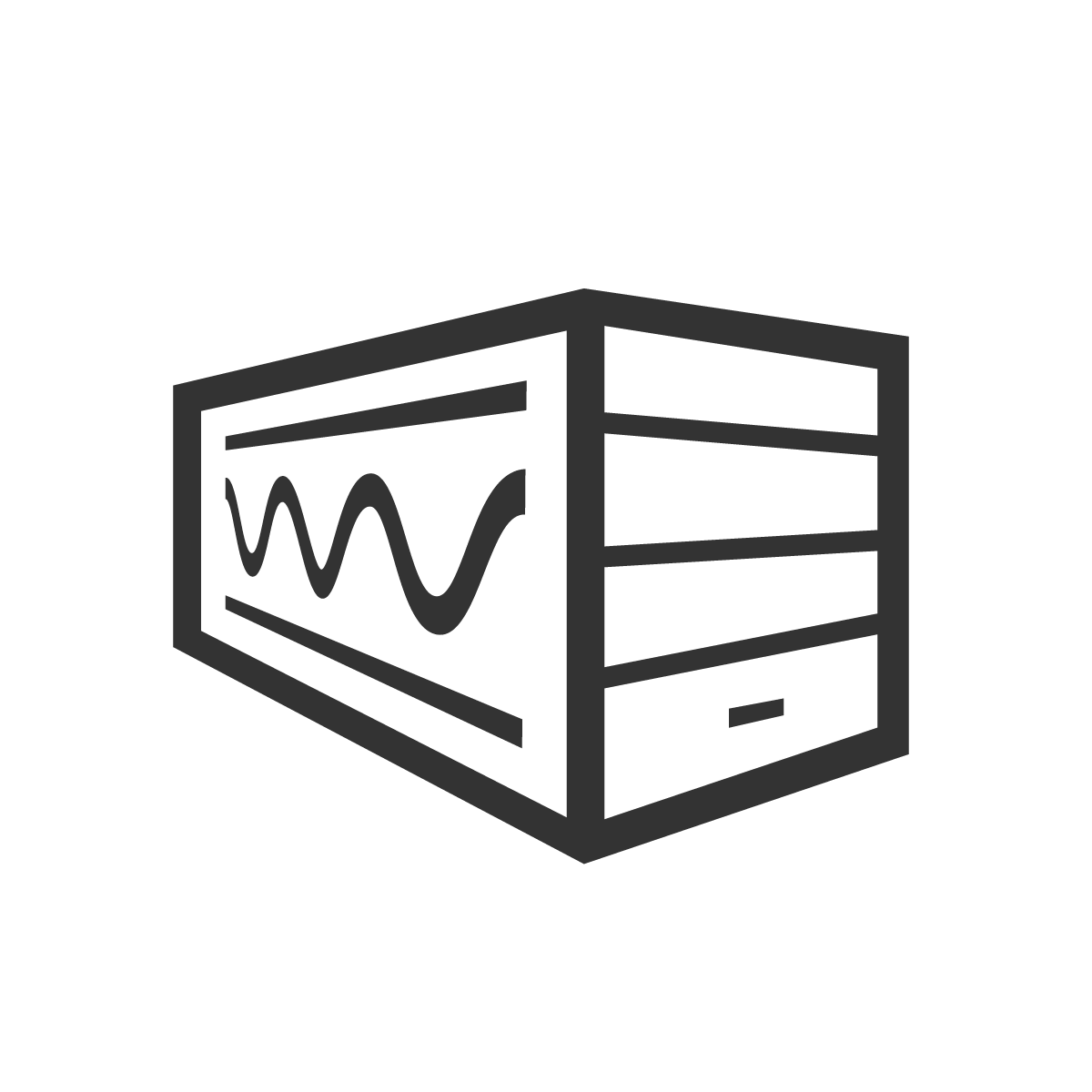 Black and white geometric design of a 20 ft shipping container inside a circle. The container is tilted to the left, showcasing diagonally arranged rectangular sections.