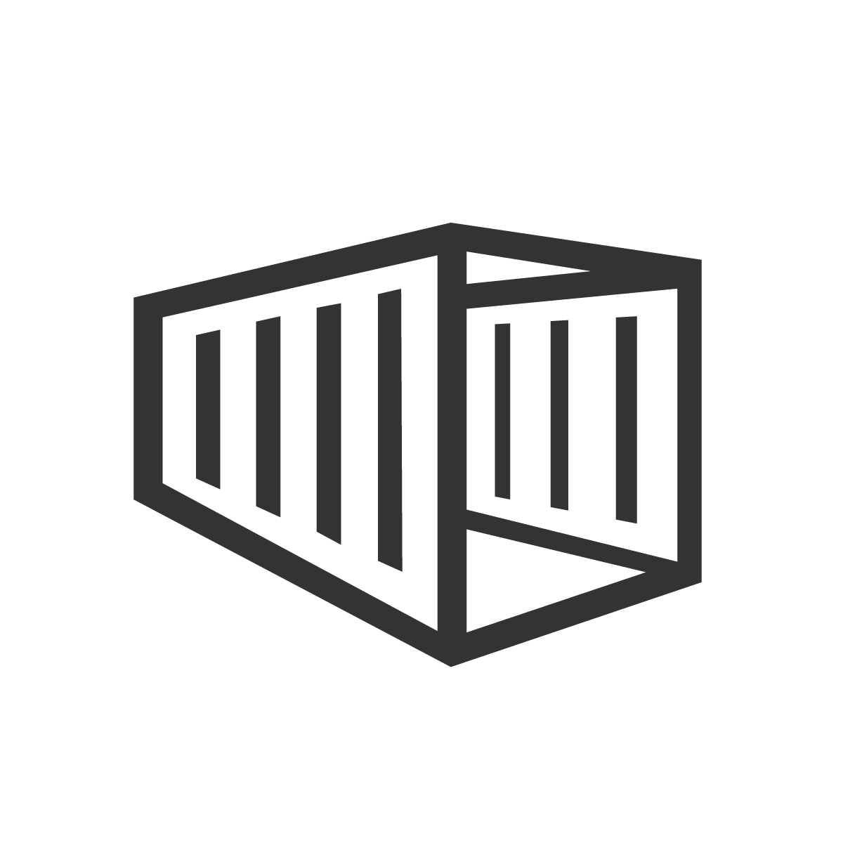 Black and white geometric design of a 20 ft shipping container inside a circle. The container is tilted to the left, showcasing diagonally arranged rectangular sections.