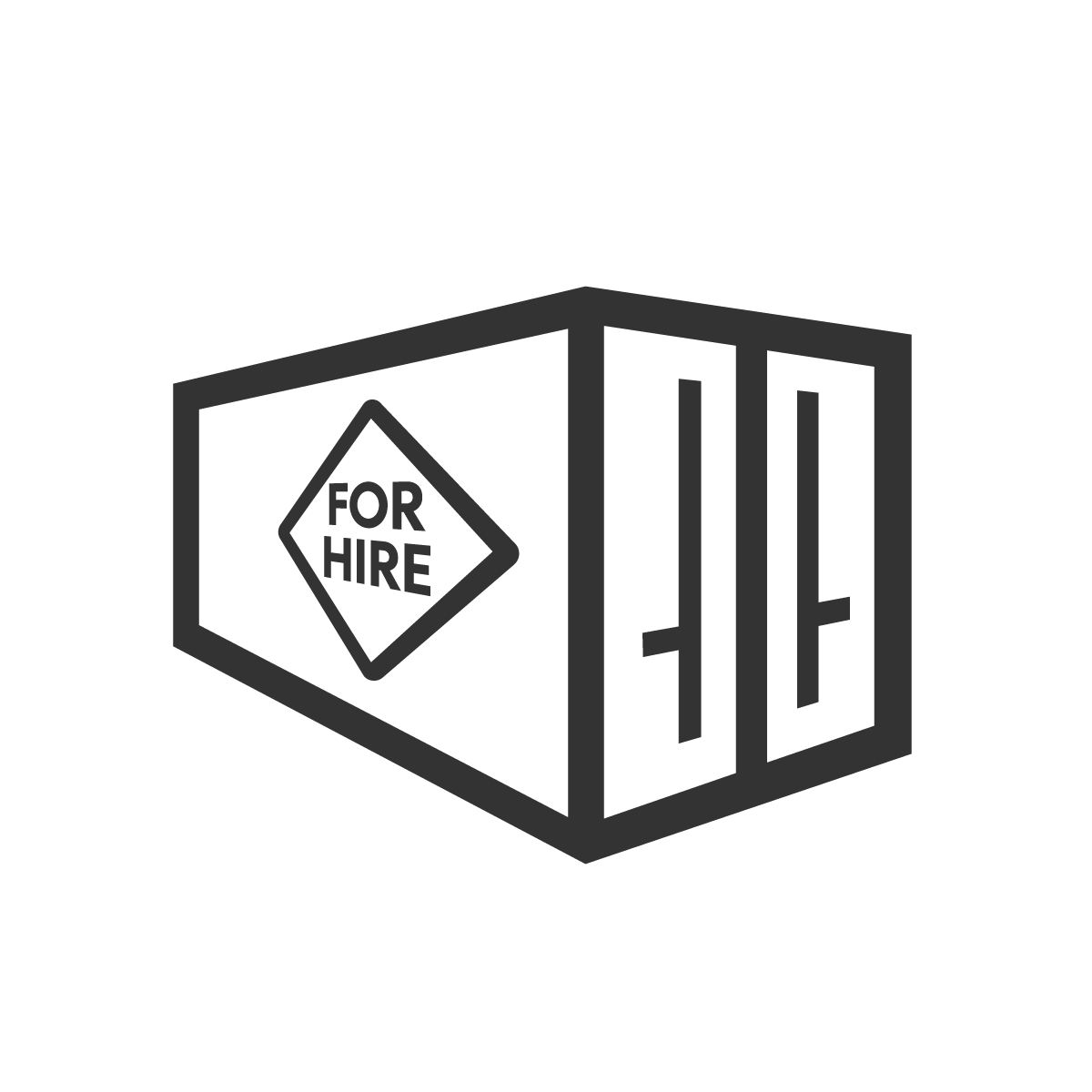 Illustration of a portable self storage container with FOR HIRE on its side, enclosed in an oval. The container is depicted in a simple, outlined style.