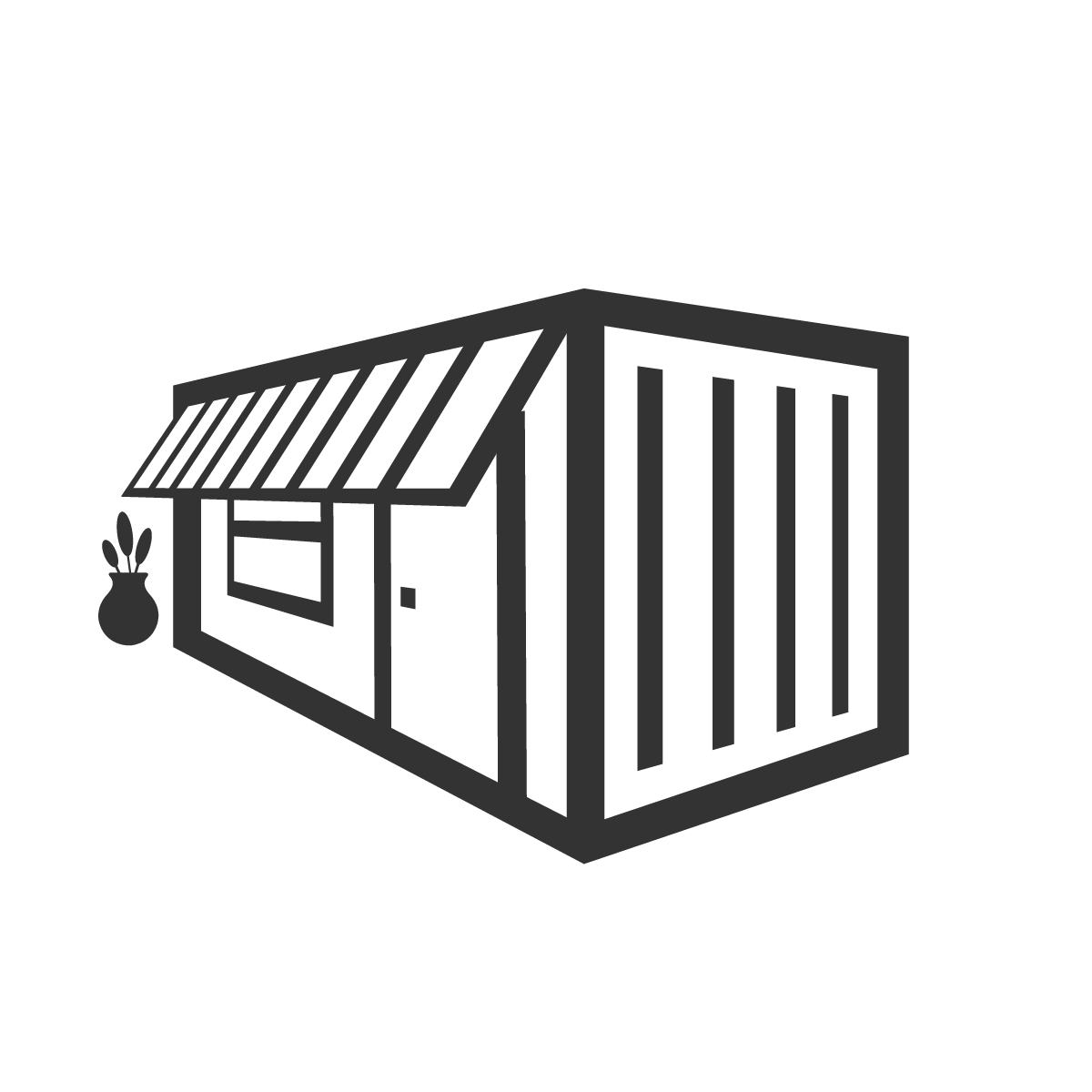 Icon of a small rectangular building with a striped awning and door, reminiscent of self-storage containers, surrounded by a circular border. A small potted plant is beside the building. Design is in black and white.