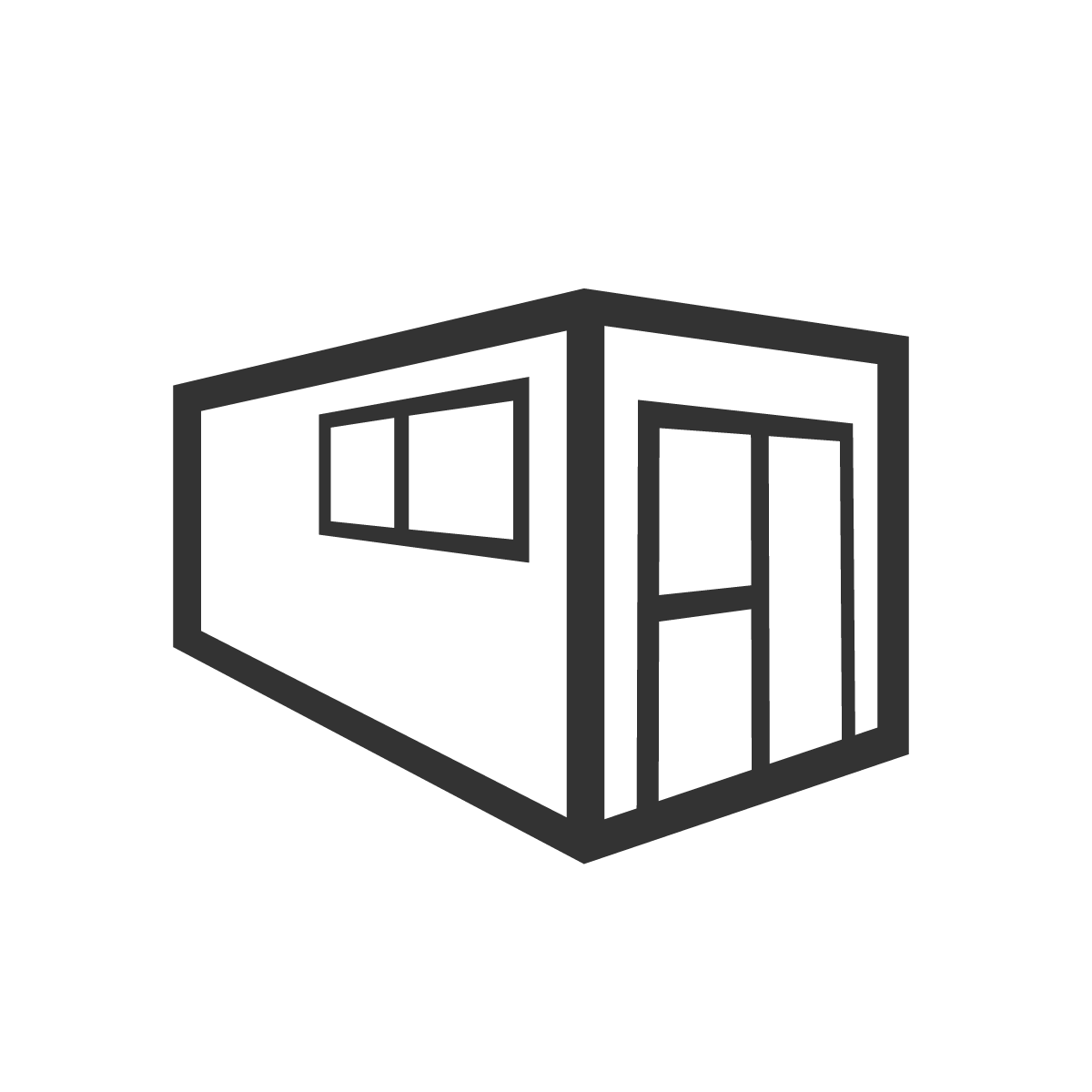 Black and white geometric design of a 20 ft shipping container inside a circle. The container is tilted to the left, showcasing diagonally arranged rectangular sections.